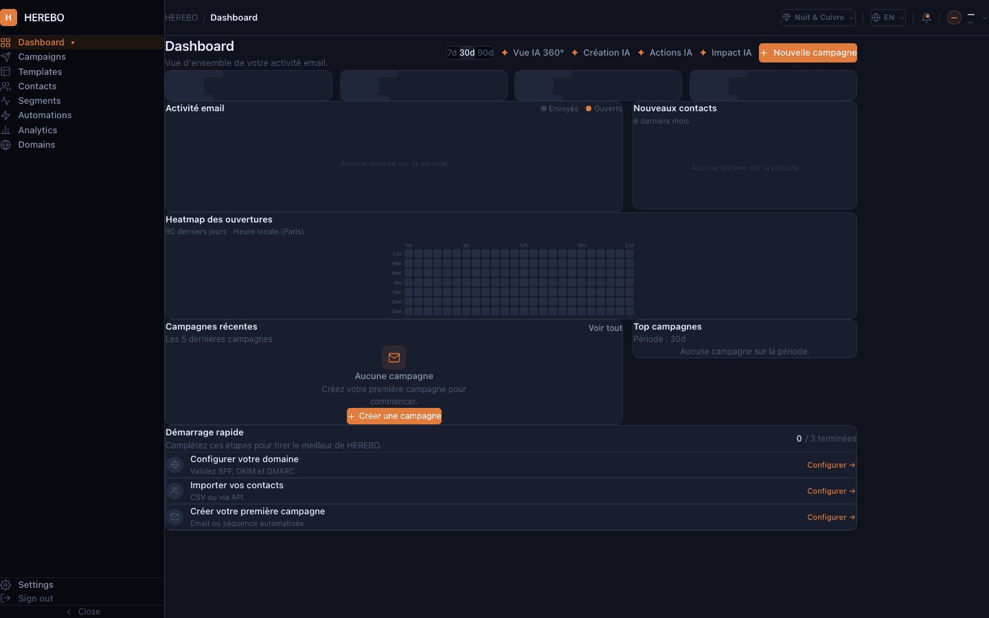 HEREBO — tableau de bord, thème Nuit & Cuivre